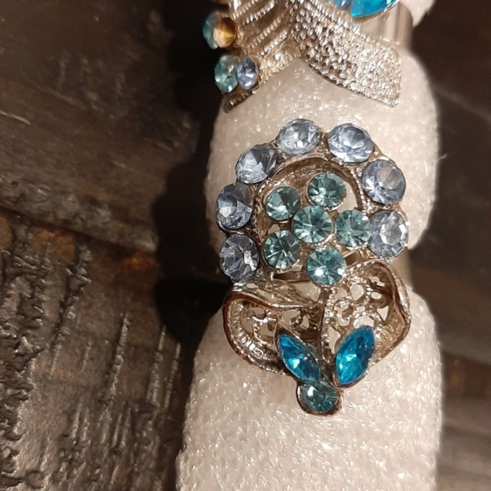 3Pc Set Of Rhinestone Cocktail Rings Aqua Statement Oversized Silver Adjustable - Picture 4 of 9